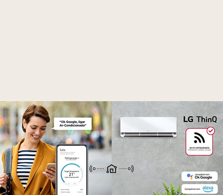 No canto esquerdo mostra a imagem de uma mulher na rua ligando por comando de voz o seu ar-condicionado de casa. Do lado direito, mostra a imagem do ar-condicionado LG com os logotipos: LG ThinQ, Wi-Fi Integrado, Google Assistente e Amazon Alexa