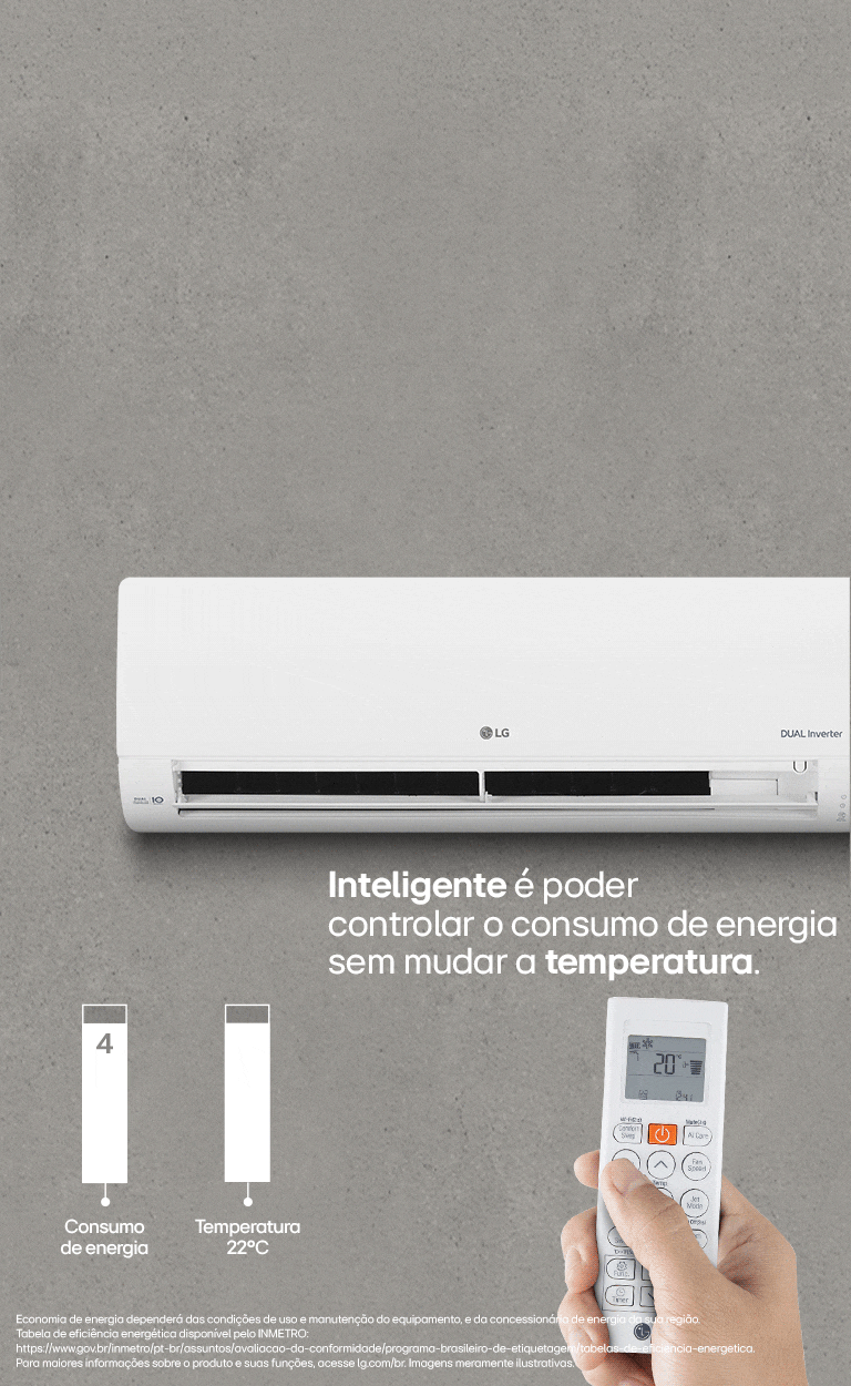 Infográfico animado simulando a redução do consumo de energia em 4 níveis enquanto a temperatura escolhida permanece fixa