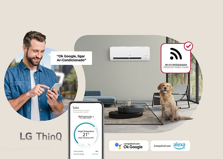 Homem ligando o ar-condicionado LG Dual Inverter remotamente com comando de voz para o seu cão não passar calor em casa