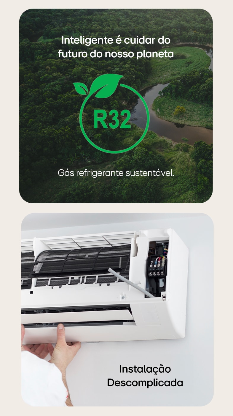 Imagem com quadros que ilustram os benefícios adicionais do ar-condicionado LG Dual Inverter Voice +AI