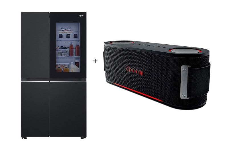 Vista frontal de Geladeira Smart LG Frost Free Inverter 647L Side by Side Black Inox + Caixa de Som Bluetooth LG xboom Bounce by will.i.am V257SQ.BOUNCE