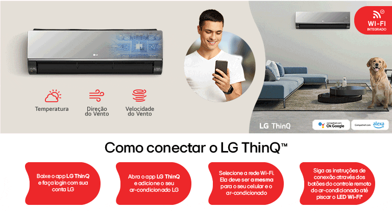 Do lado esquerdo, imagem ilustrativa do ar-condicionado LG Dual Inverter Artcool Frio com inteligência artificial embarcada. No centro, imagem de um jovem homem acionando o comando de voz do ar-condicionado à distância. Do lado direito, o ar-condicionado LG ligando para refrescar a sala onde está o cão.