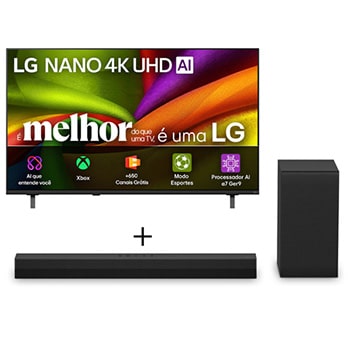 Vista frontal de Smart TV LG NANO UHD AI 4K NU850 65 polegadas 2026+Soundbar LG S40T - 300W RMS, 2.1 Canais, Dolby Digital, Sem fios, Bluetooth 5.3, Entrada Óptica, HDMI, AI Sound Pro 55NU850.S40T