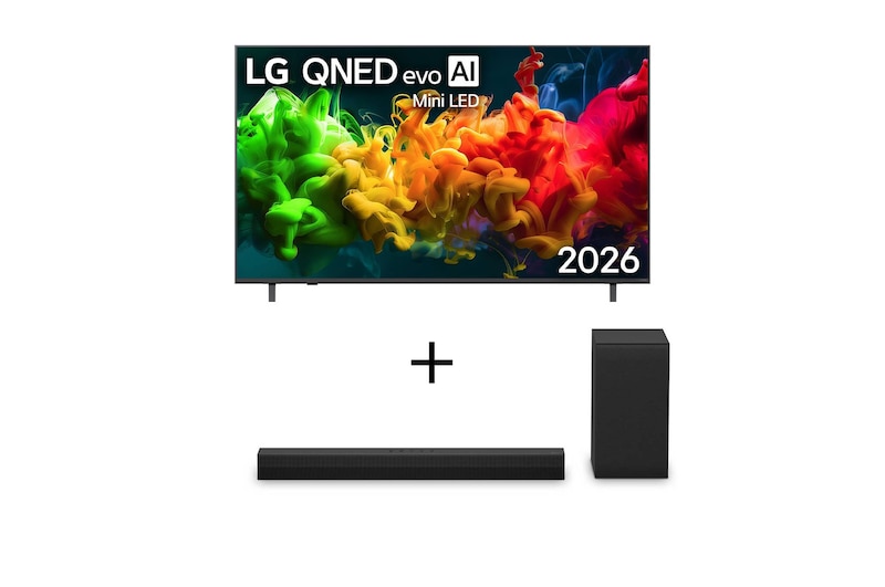 Vista frontal de Smart TV LG QNED evo Mini LED AI 4K QNED80 65 polegadas 2026+Soundbar LG S40T - 300W RMS, 2.1 Canais, Dolby Digital, Sem fios, Bluetooth 5.3, Entrada Óptica, HDMI, AI Sound Pro 65QNED80.S40T