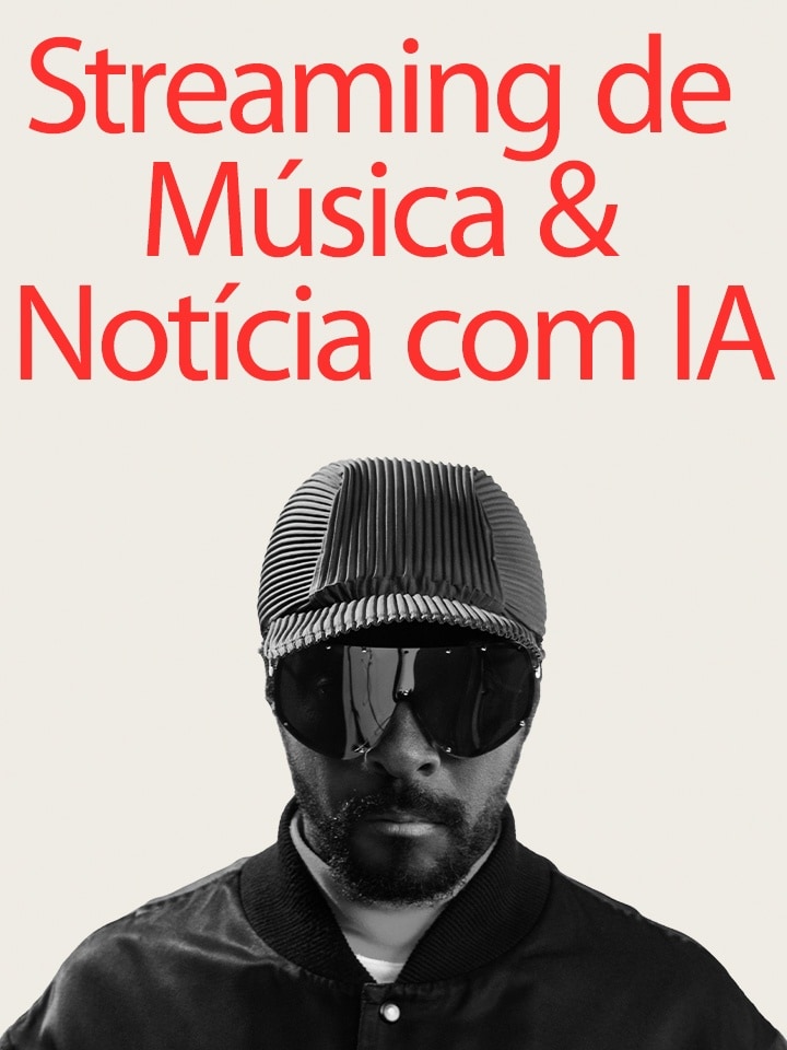 Ilustração de headline com will.i.am e streaming de música e notícia com curadoria feita por IA. Reforço de estações de rádio personalizadas com IA generativa.