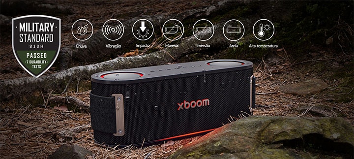 A xboom Bounce está posicionada sobre uma rocha coberta de musgo. No lado superior direito, o logotipo do padrão militar está posicionado.