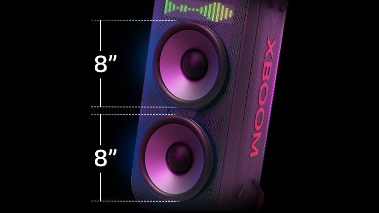 Cloase de woofers gigantes de 8 polegadas. À esquerda está escrito 8", na parte superior da caixa de som é exibido um equalizador de som.