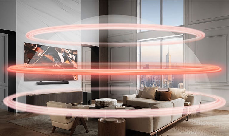 LG TV e LG Soundbar estão em um grande apartamento na cidade. Três faixas vermelhas aparecem, uma de cada vez, representando camadas virtuais e se unem para criar uma cúpula sonora completa.