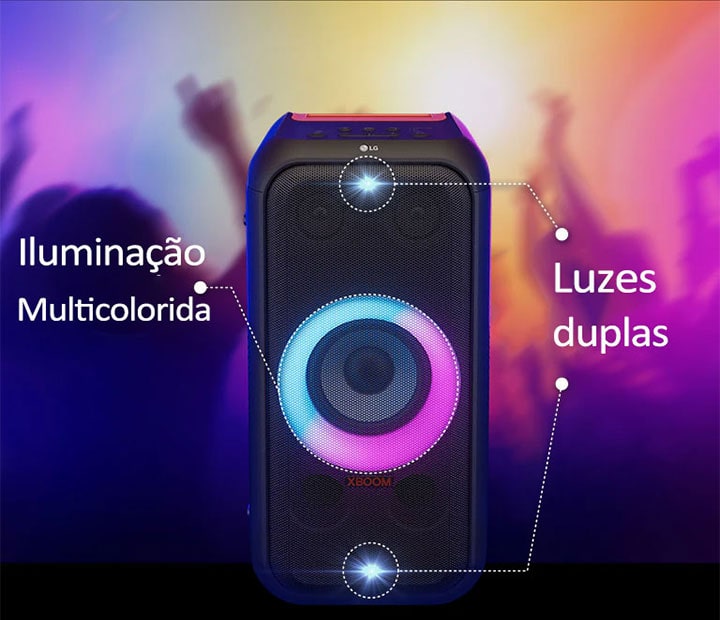 Vista frontal do alto-falante. Há uma linha para informar cada parte da iluminação. Em cima e embaixo, iluminação estroboscópica dupla. No meio, iluminação de anel multicolorida gradiente rosa e ciano está ligada.