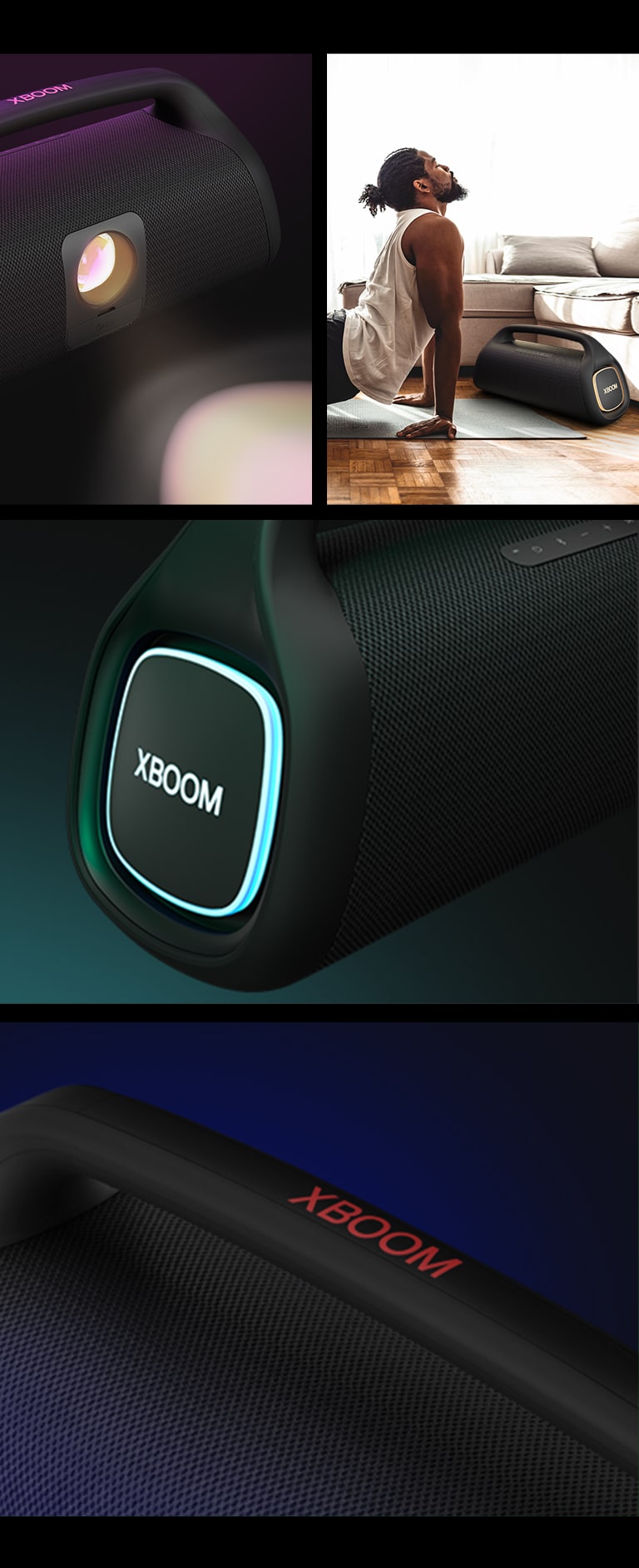 Colagem. A partir da esquerda, vista aproximada do LG XBOOM Go XG9. A seguir, a imagem de um homem praticando ioga. À direita, de cima para baixo: vista aproximada da caixa de som com iluminação rosa e dois copos de bebida.