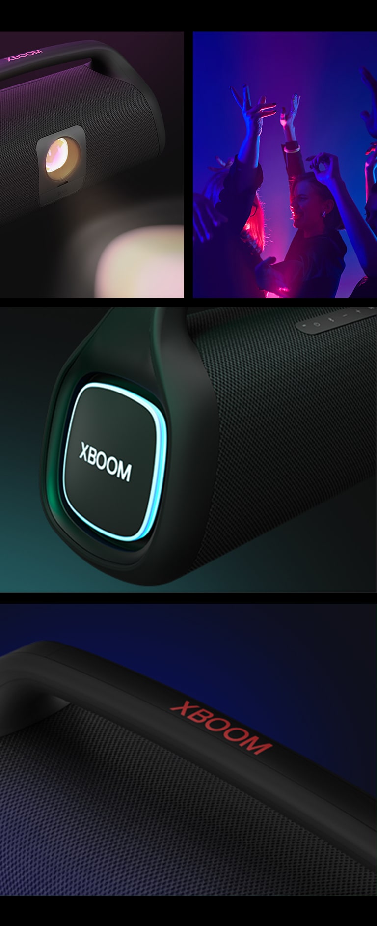Colagem. A partir da esquerda, vista aproximada do LG XBOOM Go XG9. A seguir, uma imagem de pessoas curtindo a música. À direita, de cima para baixo: vista aproximada da caixa de som com iluminação rosa e dois copos de bebida.