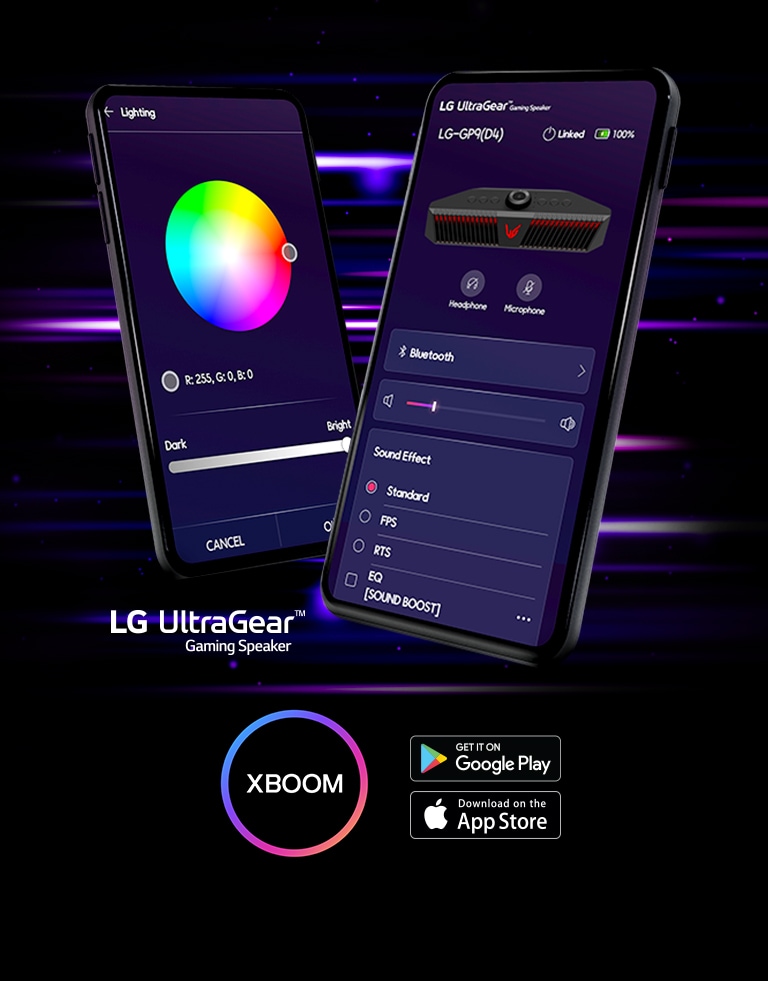 A interface do app UltraGear está ativa nas telas de dois celulares dispostos em forma de V.