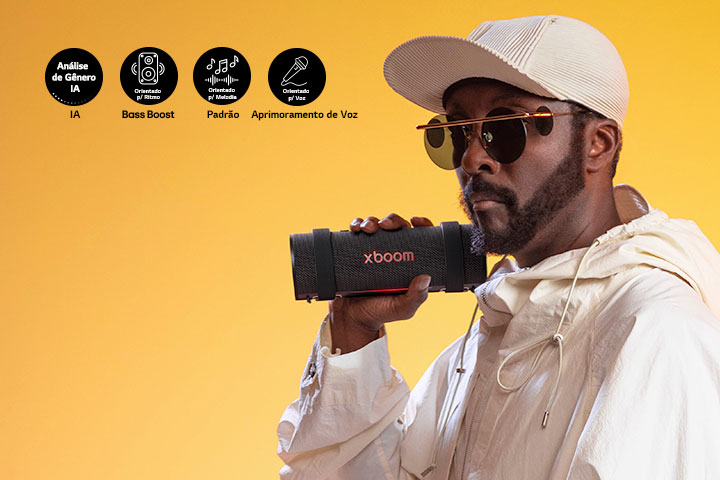 will.i.am está segurando a xboom Grab na sua mão direita