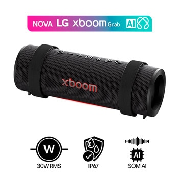 Vista frontal da LG xboom Grab by will.i.am | Caixa de Som Bluetooth Portátil | Som exclusivo xboom com Suprema Portabilidade