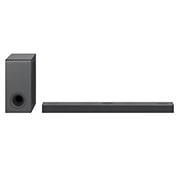 Vista diagonal da soundbar, subwoofer e alto-falantes traseiros