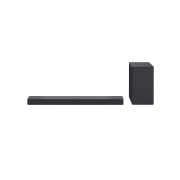 Perspectiva frontal da Sound Bar e do subwoofer