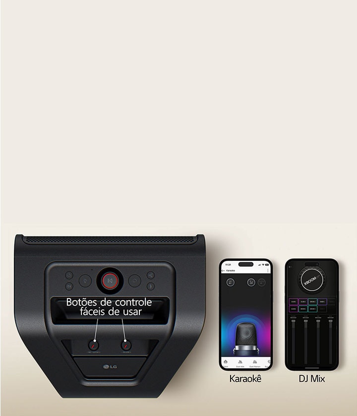 À esquerda, vista superior da xboom Stage301 com seus botões e controles marcados. À direita, dois celulares com as telas do aplicativo xboom.