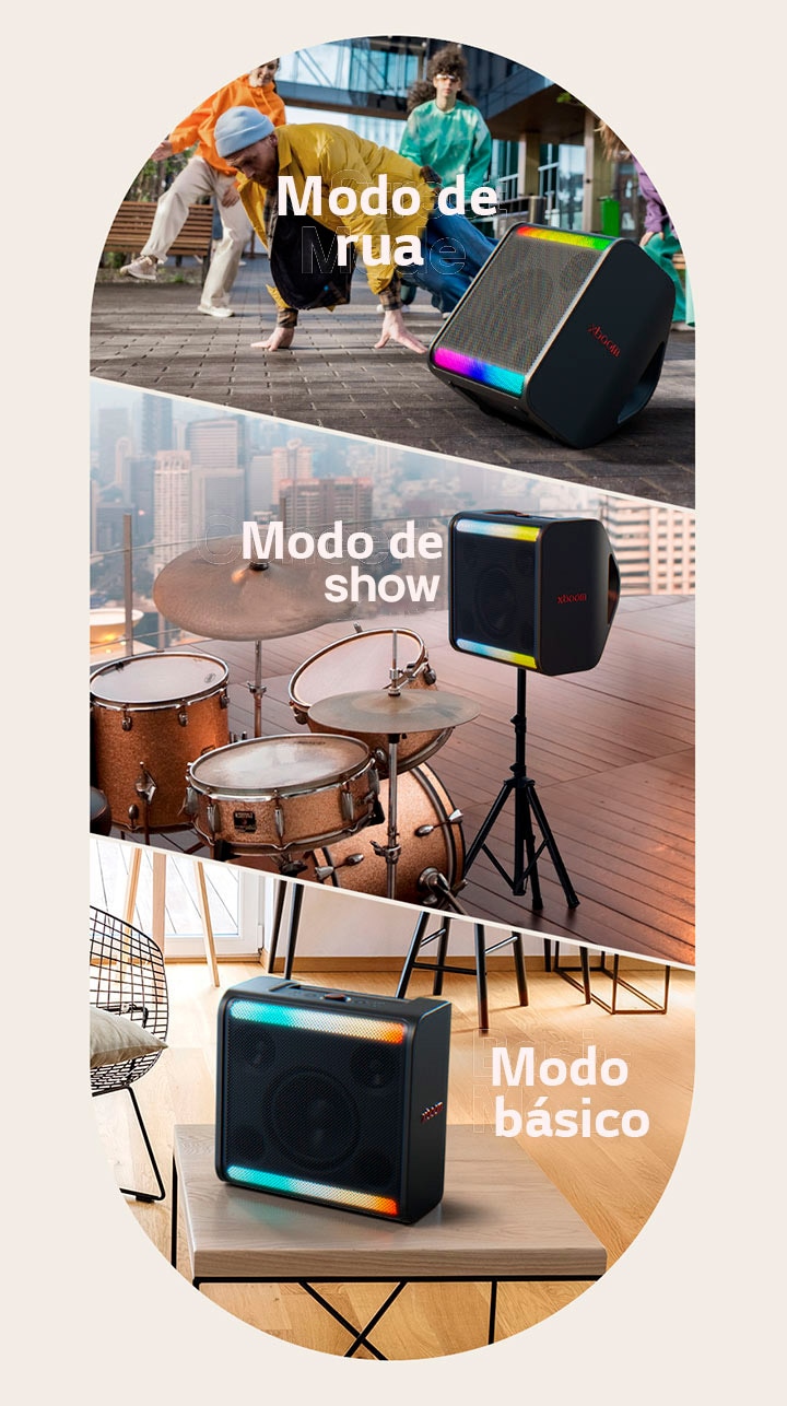 À esquerda, a xboom Stage301 está no chão, em frente a pessoas dançando. Na parte central, a xboom Stage301 está posicionado em seu suporte, ao lado da bateria. À direita, a xboom Stage301 está sobre uma mesa em uma sala de estar.