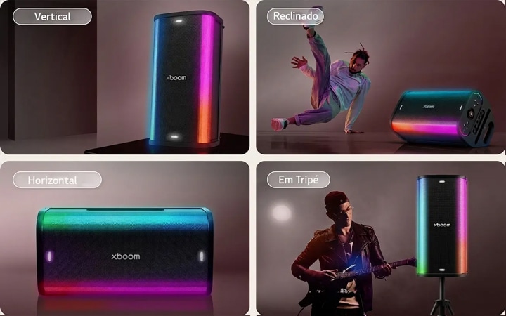1) Caixa bluetooth LG xboom Stage 501, caixa de som para festa, com iluminação LED em instalação vertical, criando um setup de festa em pé 2) Caixa bluetooth LG xboom Stage 501, caixa de som para festa, com iluminação LED em instalação reclinada, com pessoa dançando ao lado para festas dinâmicas e interativas 3) Caixa bluetooth LG xboom Stage 501, caixa de som para festa, com iluminação LED em instalação horizontal para uma ampla cobertura sonora e visual 4) Caixa bluetooth LG xboom Stage 501, caixa de som para festa, com iluminação LED instalado em suporte para um som mais elevado e efeitos de luz