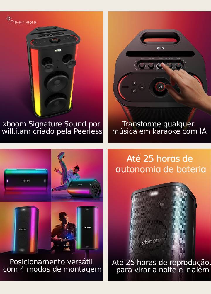 1) LG xboom Stage 501, uma caixa de som potente para festas com Signature Sound da Peerless e iluminação integrada 2) LG xboom Stage 501, controles de ajuste manual na caixa de som para festas para transformar qualquer canção em karaokê com tecnologia fornecida por IA 3) LG xboom Stage 501, uma caixa de som para festas exibida em diferentes configurações, demonstrando modos de montagem versáteis de 4 vias. 4) LG xboom Stage 501, uma caixa de som para festas com até 25 horas de autonomia da bateria, para virar a noite e ir além