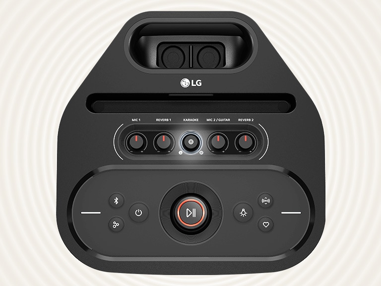 LG xboom Stage 501, com AI Karaoke Master, que inclui Removedor de Vocais e Key Changer para uma experiência de karaoke aprimorada.