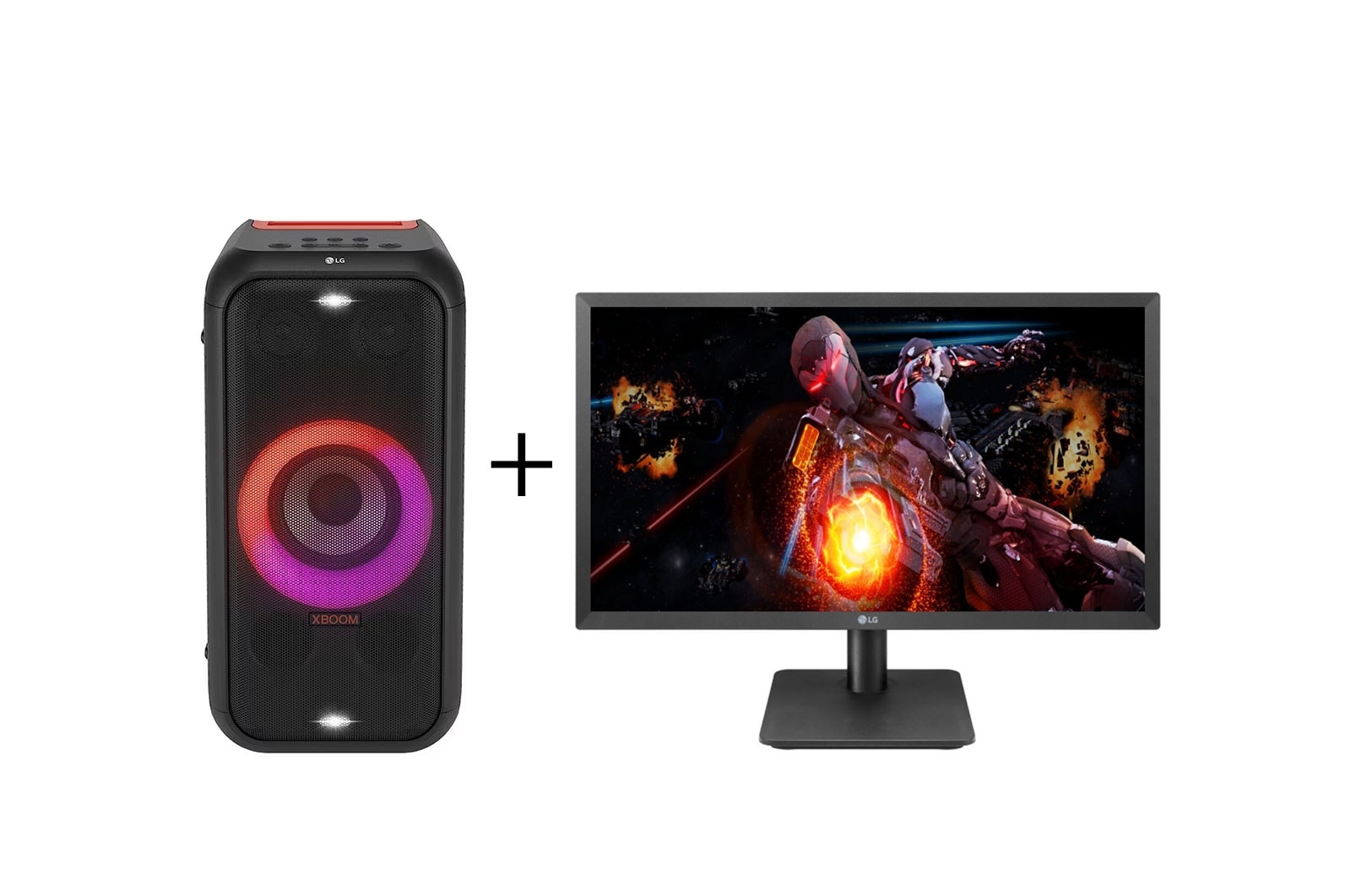 Vista frontal de Combo Monitor Gamer LG 21,5'' Full HD 75Hz 22MP410-B + Combo Caixa De Som Portátil LG Xboom XL5 XL5S.22MP