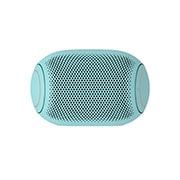 Cubos de gelo, balas de goma e um LG XBOOM Go PL2B são colocados em um fundo cor de menta.