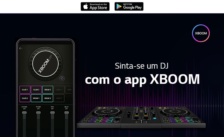 Imagem de um celular mostrando o MODO DJ do app, com um DJ PAD real ao lado dele. No topo da imagem está o logotipo do APP XBOOM.
