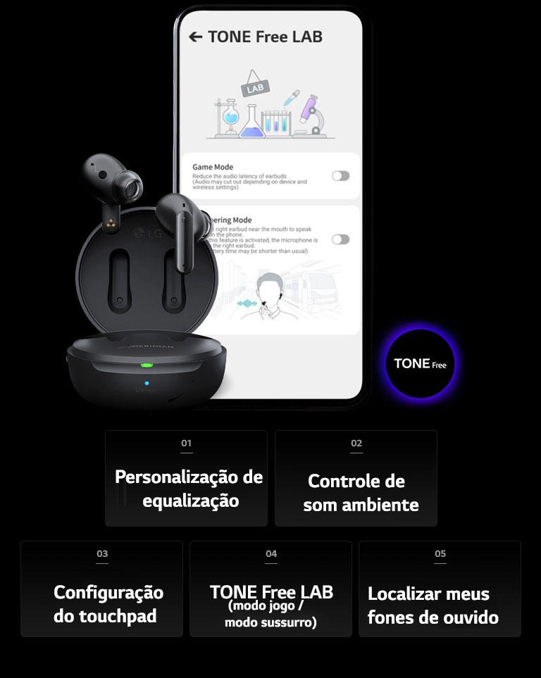 Imagem da tela TONE Free LAB no celular com o TONE Free colocado à esquerda.