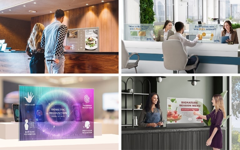 Um homem e uma mulher estão escolhendo um quarto tocando em uma OLED Transparente Signage instalada na recepção de um hotel. Duas telas OLED Transparente Signage instaladas junto aos caixas de uma agência bancária exibem anúncios de produtos do banco. Uma OLED Transparente Signage instalada em frente a uma bancada sobre a qual são exibidos telefones celulares em uma loja de telefonia móvel, e a tela mostra as funções de um telefone celular. Uma OLED Transparente Signage em um café, e uma mulher está consultando o menu tocando em sua tela.