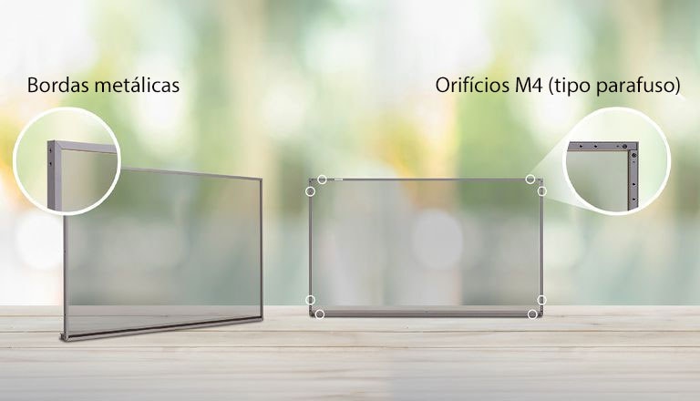 The metal borders on the bezel areas of the 55EW5P-M, along with the M4 (screw type) holes at each edge, are shown in an enlarged view.