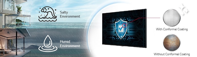 O UH7J-H possui Revestimento Conformado na placa de alimentação para proteger o videowall mesmo em ambientes salinos ou úmidos.