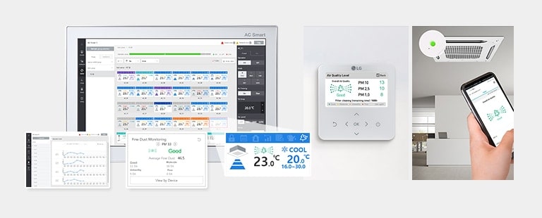 A unidade inteligente AC mostra informações detalhadas sobre a qualidade do ar. A unidade compacta exibe dados concisos. Uma pessoa controla a unidade de teto via LG ThinQ.