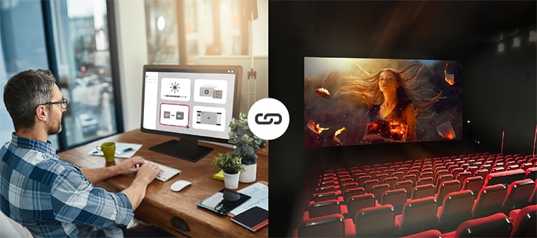 O gerente de cinema está ajustando facilmente as configurações da tela de exibição a partir do escritório.