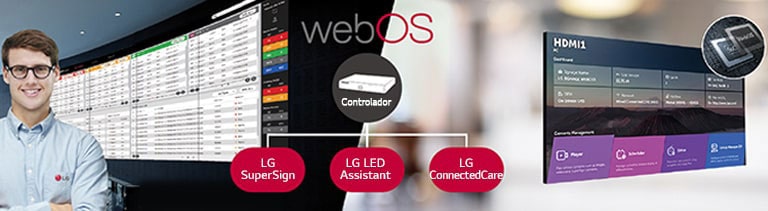 Um funcionário da LG monitorando remotamente a série LSBC instalada em outro local usando uma solução de monitoramento LG baseada na nuvem. O controlador de sistema com webOS permite a compatibilidade da série LSBC com as soluções de software da LG.