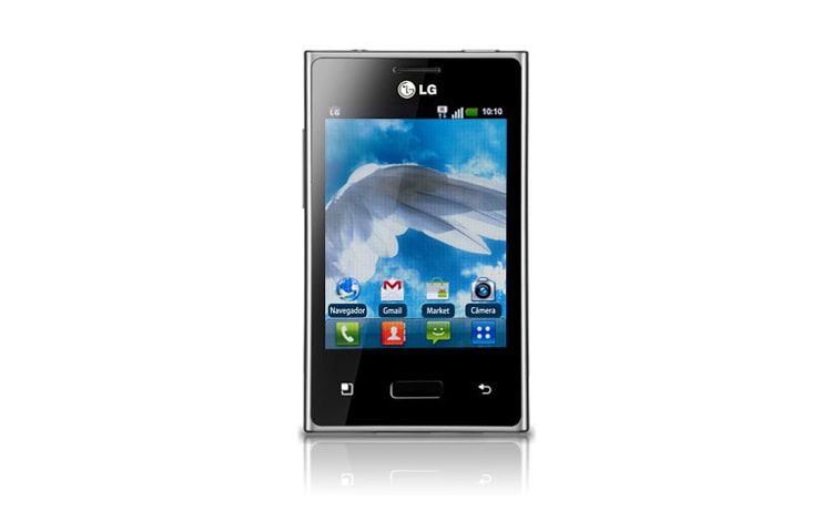 Vista frontal de Um smartphone com design diferenciado e simples de usar. E400