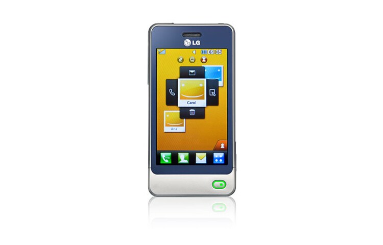 Vista frontal de Funções Multimídias essenciais no celular compacto. GD510