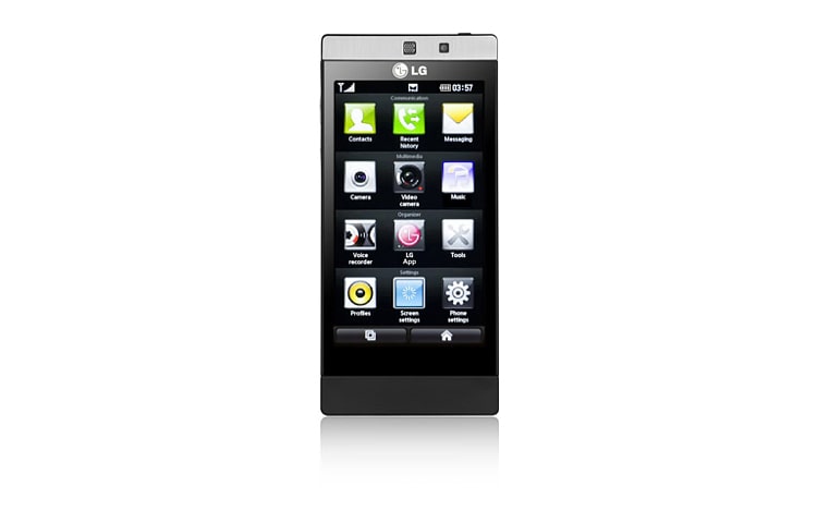 Vista frontal de Um celular com design fino e que surpreende com tanta sofisticação. GD880