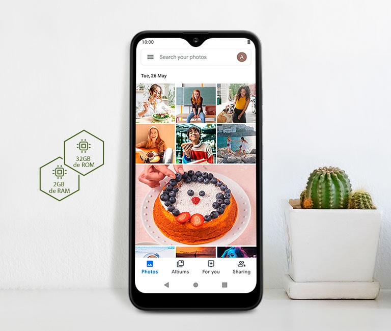 Smartphone com rede social na tela, ao lado de um cacto