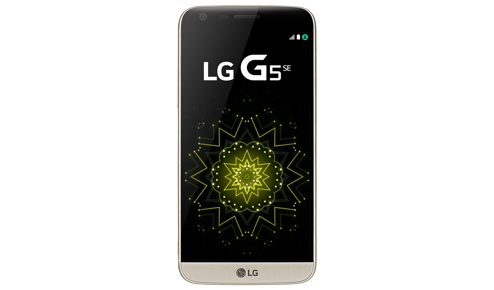 Vista frontal de LG G5 SE Gold - Design modular com duas câmeras. LGH840
