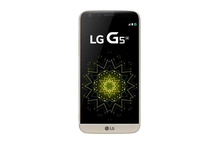 Vista frontal de LG G5 SE Gold - Design modular com duas câmeras. LGH840