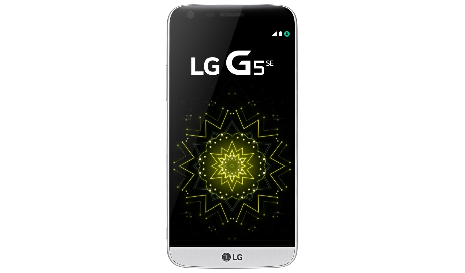 Vista frontal de LG G5 SE Prata - Design modular com duas câmeras. LGH840