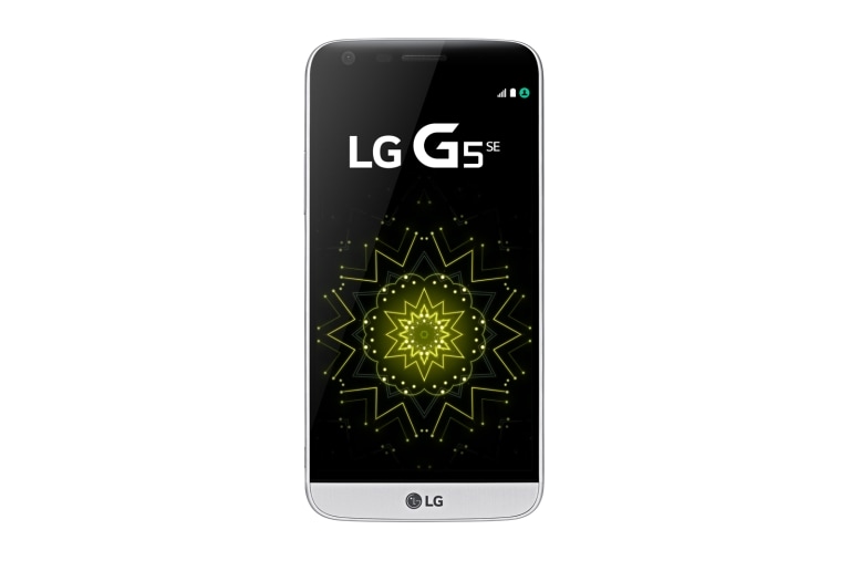 Vista frontal de LG G5 SE Prata - Design modular com duas câmeras. LGH840