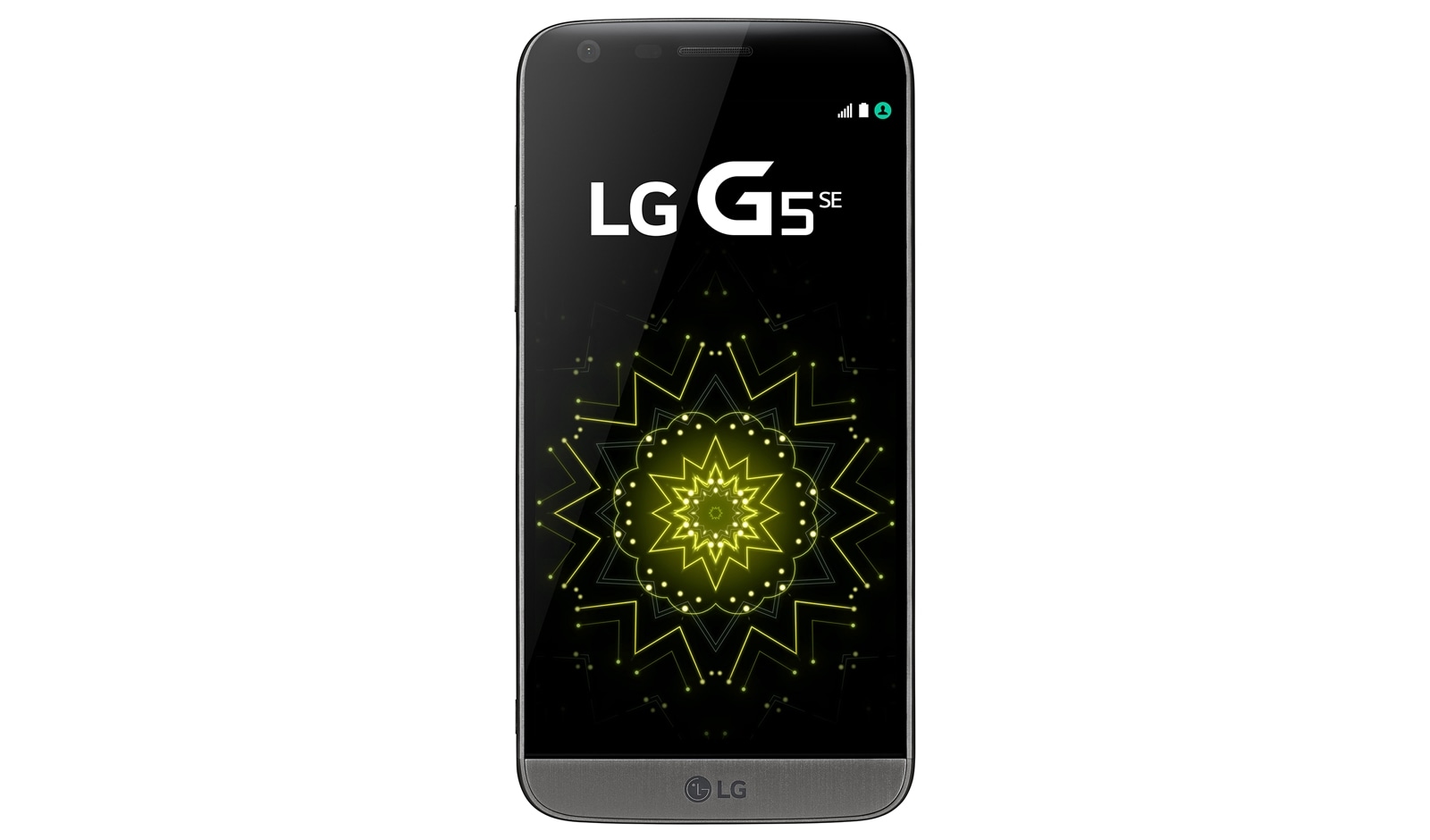 Vista frontal de LG G5 SE Titan - Design modular com duas câmeras. LGH840