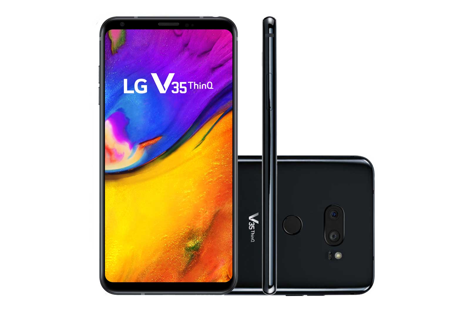 Vista frontal de Smartphone LG V35 ThinQ™ Câmera dupla traseira de 16MP e 128GB memória, Tela QHD&#43; OLED FullVision™, Google Lens e Sensor de Impressão Digital LMV350EAW