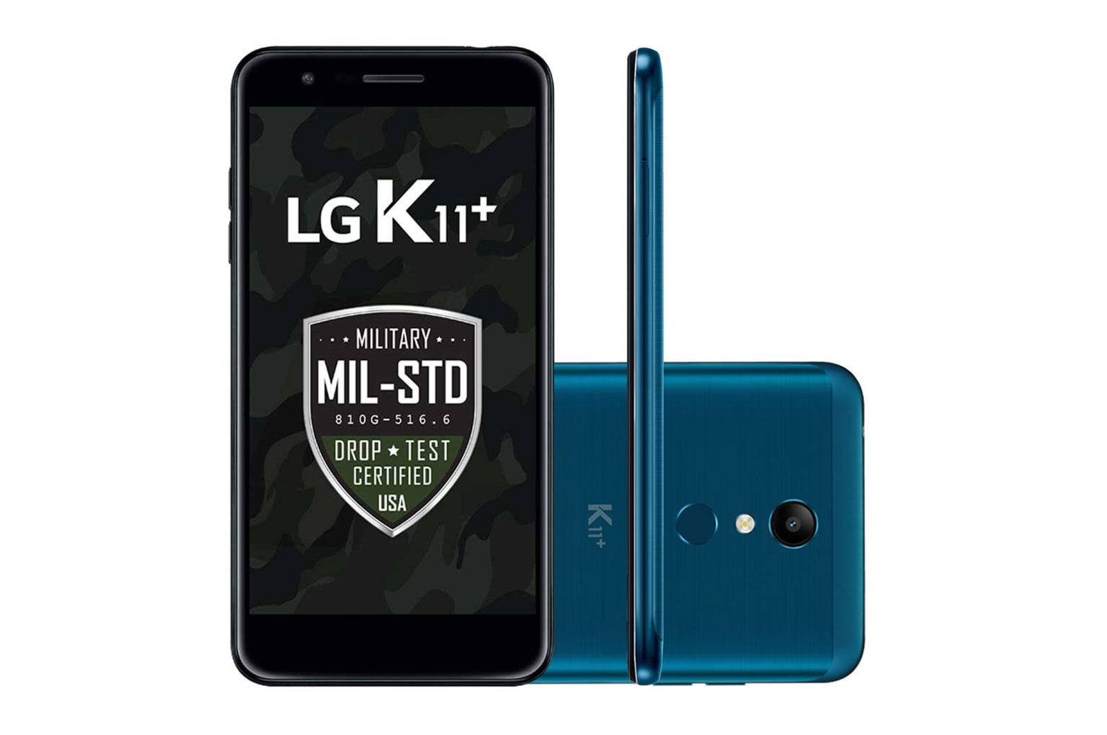 Vista frontal de Smartphone LG K11&#43; Resistente à Impactos, Câmera de 13MP, 32GB de Memória e DTS: X 3D Som Imersivo. LMX410BCW