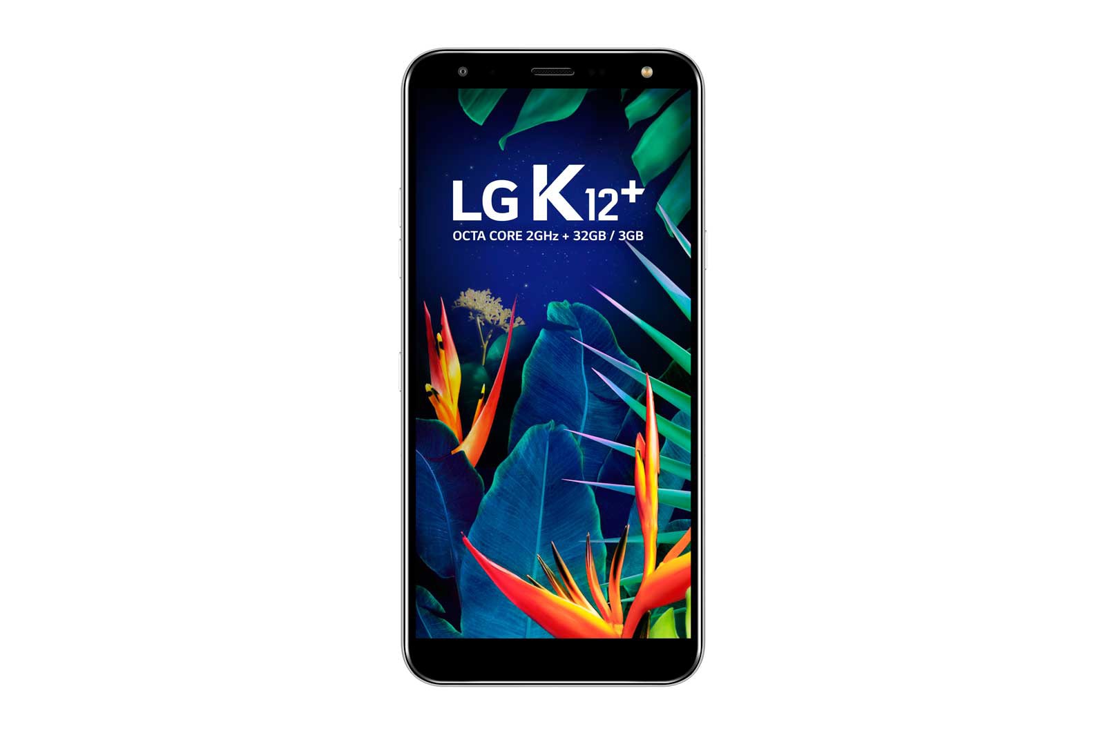 Vista frontal de Smartphone LG K12&#43; Câmera de 16MP, Inteligência Artificial, Selfie de 8MP flash e Resistencia Militar LMX420BMW