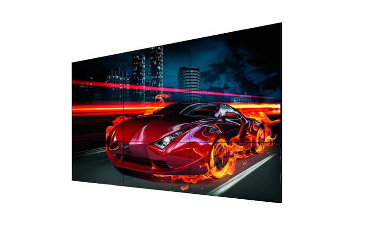 Vista frontal de Monitor Video Wall FullHD com bordas de apenas 3,5mm na junção. 55LV75A-4B