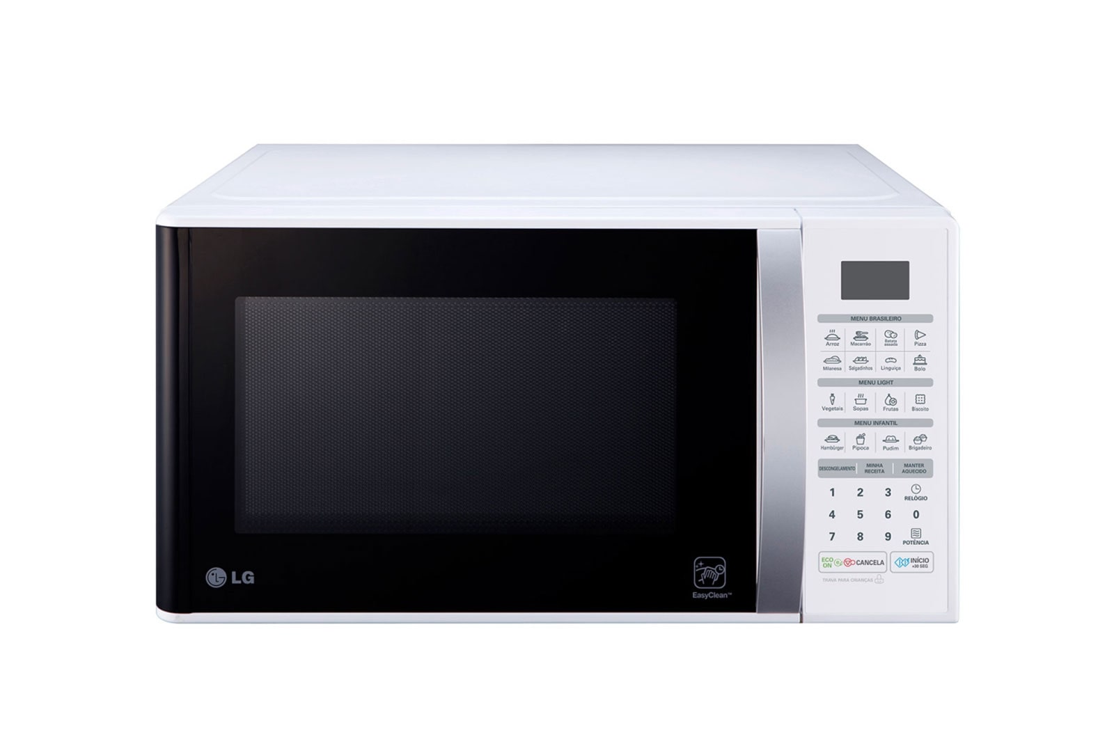 Vista frontal de Forno de Micro-ondas Solo 30L com revestimento EasyClean™, tecnologia I Wave e acabamento em branco MS3052R