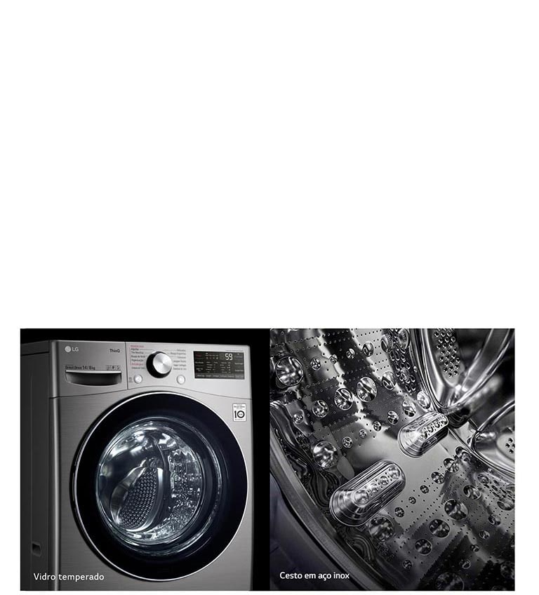 A primeira imagem mostra a frente da lavadora de carregamento frontal, dando ênfase à porta de vidro temperado. A segunda imagem mostra o interior do tambor, destacando o design em aço inox.